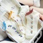 5 Pairs Floral Print Socks, Cute & Lightweight Lettuce Trim Ankle Socks, Women'S Stockings & Hosiery