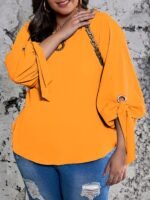 Plus Size Casual Top, Women'S Plus Solid Lantern Sleeve Round Neck Round Hem Knot Tunic Top - Image 8