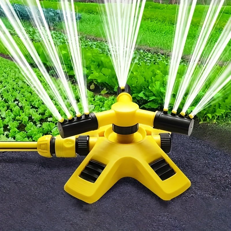 product-Fancyalgo-VirtualModelMatting-a0960263f3fc3a8137907274df0d7848.jpg 1Pc Lawn Automatic Sprinkler 360? Rotating 3 Adjustable Rotating Arms Combinable Multi-Angle Large Area Coverage For Garden Lawn Automatic Irrigation Roof Cooling, Yellow - Image 1