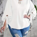 Plus Size Casual Top, Women'S Plus Solid Lantern Sleeve Round Neck Round Hem Knot Tunic Top