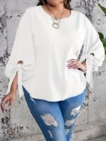Plus Size Casual Top, Women'S Plus Solid Lantern Sleeve Round Neck Round Hem Knot Tunic Top