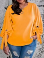 Plus Size Casual Top, Women'S Plus Solid Lantern Sleeve Round Neck Round Hem Knot Tunic Top - Image 3