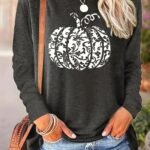 Halloween Pumpkin Print Tee, Casual Long Sleeve Crew Neck T-Shirt, Women'S Clothing