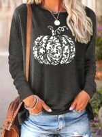 Halloween Pumpkin Print Tee, Casual Long Sleeve Crew Neck T-Shirt, Women'S Clothing