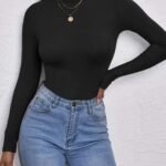 Women'S High-Neck Long Sleeve Crop Top - Stretchy Black Polyester Blend, Casual Chic Fit With Button Detail, Perfect For Fall/Winter, Casual Chic Top|Minimalist Style|Polyester Blend
