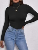 Women'S High-Neck Long Sleeve Crop Top - Stretchy Black Polyester Blend, Casual Chic Fit With Button Detail, Perfect For Fall/Winter, Casual Chic Top|Minimalist Style|Polyester Blend