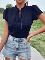 Elegant Deep V-Neck Lace-Up Blouse For Women - Chic Solid Color Shirting Style With Eyelet Detail, Versatile For All Seasons - Image 9