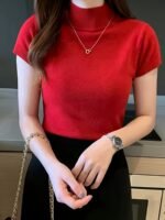 New Style Knitted Versatile Design Half-High Collar Short Sleeve Thin Pullover - Image 8