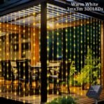 1Pc Solar Curtain Fairy Light -100/200/300 Led, 8 Lighting Modes, Warm White - Very Suitable For Outdoor Terraces, Courtyard Gardens, Bedrooms, Party Decorations, Solar Charging, Durable Structure, Holiday Gifts, Christmas Lights, Outdoor Lighting - Image 19