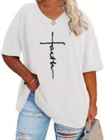 Plus Size - Women'S Plus Size V-Neck Casual T-Shirt - Short Sleeve, White With Black Letter Print, Lightweight Summer Tee For Casual Attire, Ladies T Shirts - Image 6