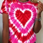Heart Print Crew Neck T-Shirt, Casual Short Sleeve Top For Spring & Summer, Women'S Clothing