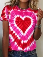 Heart Print Crew Neck T-Shirt, Casual Short Sleeve Top For Spring & Summer, Women'S Clothing