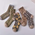 5-Pack Women'S Mid-Calf Socks - Embossed Floral & Lace Design, Breathable Ribbed Cuffs, Assorted Colors (Olive Green, Grey, Black, Brown, Navy) For Casual & Dressy Occasions - Image 6