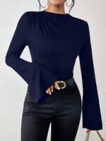 Solid Color Crew Neck T-Shirt, Casual Flare Sleeve T-Shirt For Spring & Fall, Women'S Clothing - Image 4