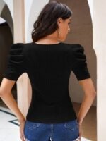 Solid Crew Neck T-Shirt, Elegant Puff Sleeve Top For Spring & Summer, Women'S Clothing - Image 10