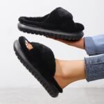 Women'S Platform Fuzzy House Slippers, Open Toe Criss Cross Solid Color Casual Home Slides, Women'S Indoor Flat Comfy Shoes - Image 2
