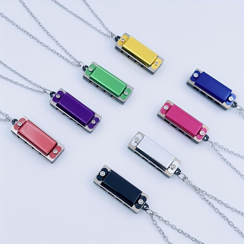 product-Fancyalgo-VirtualModelMatting-b07ff47c2634b4e5f32ab8a546aee137.jpg 1Pc Mini Harmonica Necklace, 4-Hole 8-Note, Playable Melody, Multi-Color Options, Metal Polished Finish, Beginner Instrument, Ideal Christmas & Spring Festival Gift, No Bag Included - Image 1