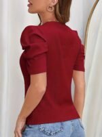 Puff Sleeve Solid T-Shirt, Elegant Crew Neck Top For Spring & Summer, Women'S Clothing - Image 5