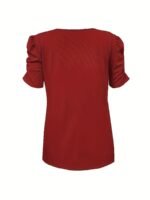 Solid Ribbed V Neck T-Shirt, Casual Puff Sleeve T-Shirt For Spring & Summer, Women'S Clothing - Image 8