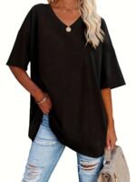 Women'S Loose-Fit V-Neck Half-Sleeve Blouse - Soft Stretch, Solid Color, Spring/Summer Casual & Formal Wear, Elegant & Breathable, Transitional Weather Clothing, Middle Eastern Style, Comfortable Fit, Stretchy Fabric Top - Image 10