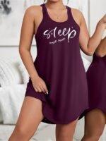 Plus Size Basic Loungewear Dress, Women'S Plus Eyelash & Letter Print Scoop Neck Racer Back Curve Hem Tank Sleep Dress - Image 9