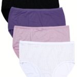 4 Pack Plus Size Simple Underwear Set, Women'S Plus Pin Print Medium Stretch Underwear Four Piece Set
