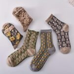 5-Pack Women'S Mid-Calf Socks - Embossed Floral & Lace Design, Breathable Ribbed Cuffs, Assorted Colors (Olive Green, Grey, Black, Brown, Navy) For Casual & Dressy Occasions - Image 8