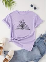 Book & Floral Print Crew Neck T-Shirt, Casual Short Sleeve T-Shirt For Spring & Summer, Women'S Clothing - Image 7