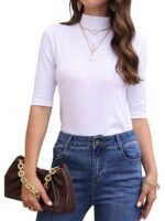 Women'S High-Neck Half-Sleeve Turtleneck T-Shirt - Stretchy Slim Fit Casual Top, Solid Black, Machine Washable For Spring/Fall Layering, Casual Attire Top, Versatile Fashion Top, Stretchy Fabric Top - Image 5