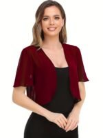 Open Front Crop Top, Elegant V-Neck Short Sleeve Chiffon Blouse, Women'S Clothing - Image 2