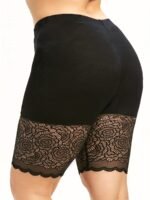 Plus Size - Women'S Plus Size High-Waisted Stretchy Lace Trim Shorts - Black Summer Casual Shorts With Floral Lace Detail, Comfort Fit For & Casual Attire, Shorts, Highwaisted Shorts, Highelasticity Fabric - Image 2