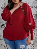 Plus Size Casual Top, Women'S Plus Solid Lantern Sleeve Round Neck Round Hem Knot Tunic Top - Image 7