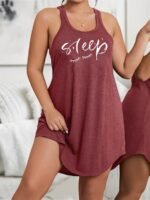 Plus Size Basic Loungewear Dress, Women'S Plus Eyelash & Letter Print Scoop Neck Racer Back Curve Hem Tank Sleep Dress - Image 3