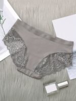 3Pcs Women'S Seamless Lace Mid-Rise Panties - Sexy Solid Color Contrast Lace Trim, Breathable Ice Sliky Fiber Fabric, Low-Rise Design For Everyday & Special Occasions, Lace Trim Panties, Special Occasion Underwear, Elegant Underwear, Smooth Texture - Image 2