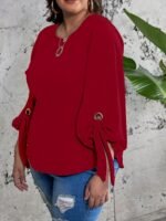 Plus Size Casual Top, Women'S Plus Solid Lantern Sleeve Round Neck Round Hem Knot Tunic Top - Image 2