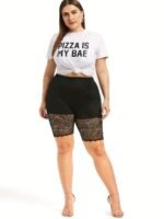 Plus Size - Women'S Plus Size High-Waisted Stretchy Lace Trim Shorts - Black Summer Casual Shorts With Floral Lace Detail, Comfort Fit For & Casual Attire, Shorts, Highwaisted Shorts, Highelasticity Fabric - Image 3