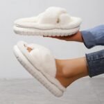 Women'S Platform Fuzzy House Slippers, Open Toe Criss Cross Solid Color Casual Home Slides, Women'S Indoor Flat Comfy Shoes - Image 4