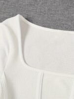Solid Color Square Neck Bustier T-Shirt, Casual Short Sleeve Crop Knitted T-Shirt For Summer, Women'S Clothing - Image 7