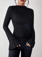 Solid Color Crew Neck T-Shirt, Casual Flare Sleeve T-Shirt For Spring & Fall, Women'S Clothing - Image 9