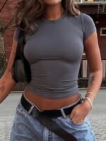 Solid Crew Neck T-Shirt, Vintage Short Sleeve T-Shirt For Summer, Women'S Clothing - Image 2