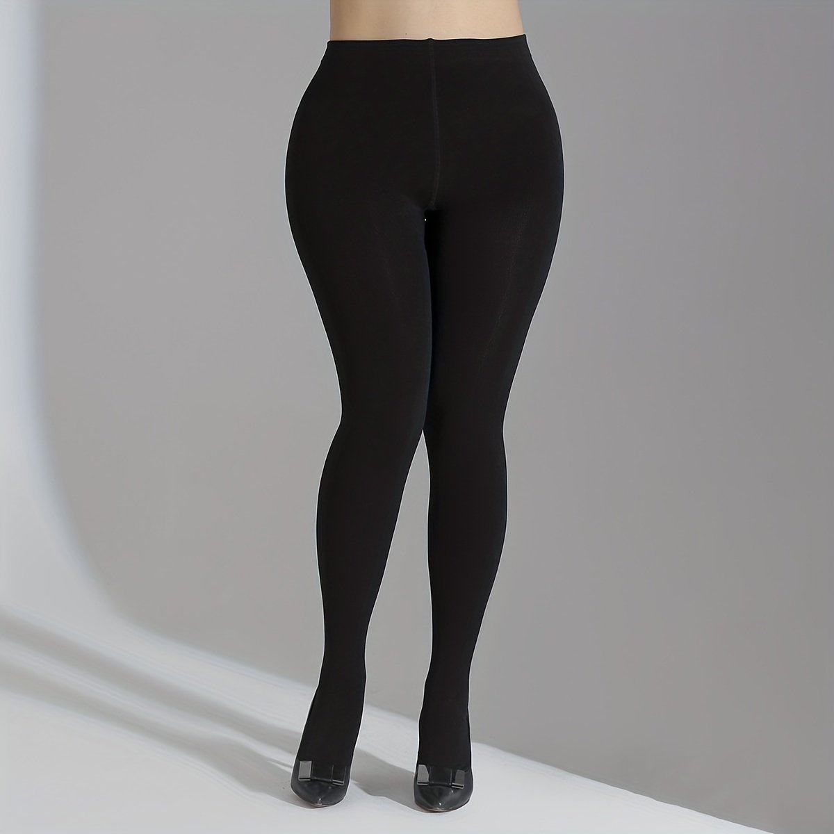 product-Fancyalgo-VirtualModelMatting-bcc7a465bdd235ede1a4bbe0190318c9.jpg 1-Pack Women'S Plus Size Solid Black Tights - High-Waisted Smooth Texture, Machine Washable, Comfort Fit For Everyday Casual & Formal Wear, Versatile Hosiery, Elegant Leggings, Durable Hosiery, Comfortable Leggings, Office Attire - Image 1