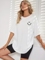 6917 Women'S Light Blue Joyful Face Graphic Print T-Shirt - High Elasticity Loose Fit Drop Shoulder Short Sleeve Round Neck Casual Summer Top, Ladies T Shirts, Comfortable Tee, Stretchy Fabric - Image 3