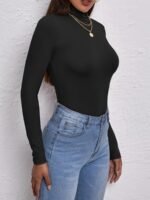 Women'S High-Neck Long Sleeve Crop Top - Stretchy Black Polyester Blend, Casual Chic Fit With Button Detail, Perfect For Fall/Winter, Casual Chic Top|Minimalist Style|Polyester Blend - Image 4