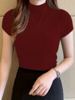 Women'S Slim Fit Short Sleeve Sweater - High Elasticity Round Neck Fish Tail Hem, 100% Polyester Solid Color Top For All-Season Layering & Casual To Formal Wear - Image 3