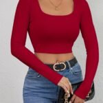 Squared Neck Cropped T-Shirt, Casual Long Sleeve Solid T-Shirt, Women'S Clothing