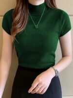 Women'S Slim Fit Short Sleeve Sweater - High Elasticity Round Neck Fish Tail Hem, 100% Polyester Solid Color Top For All-Season Layering & Casual To Formal Wear - Image 5