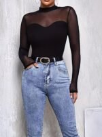 Mesh Panel Mock Neck T-Shirt, Casual Long Sleeve Top, Women'S Clothing - Image 5