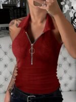 Women'S Sexy Slim Fit Zip-Up Sleeveless Tank Top - Black Stretchy Polyester-Spandex Blend, Stand-Up Collar With Zipper Detail, Lightweight 180Gsm Summer Casual Shirt, Hand Wash Only - Image 3