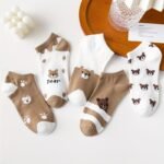 5-Pair Women'S Ankle Socks - Cute Bear Face & Paw Prints, Lightweight Breathable Everyday Socks For Spring/Summer, Brown Beige & Colors, Casual Outfits & Themed Events - Perfect Gift For Anime Fans, Seasonal Footwear, Playful Design, Comfortable Fit, Kawaii Lovers - Image 2