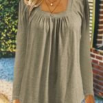Women'S Elegant Square Neck Long Sleeve Blouse - Solid Green Summer Top With Vertical Pleats, Machine Washable Casual Chic Shirt For Office & Social Events, Nontransparent Fabric